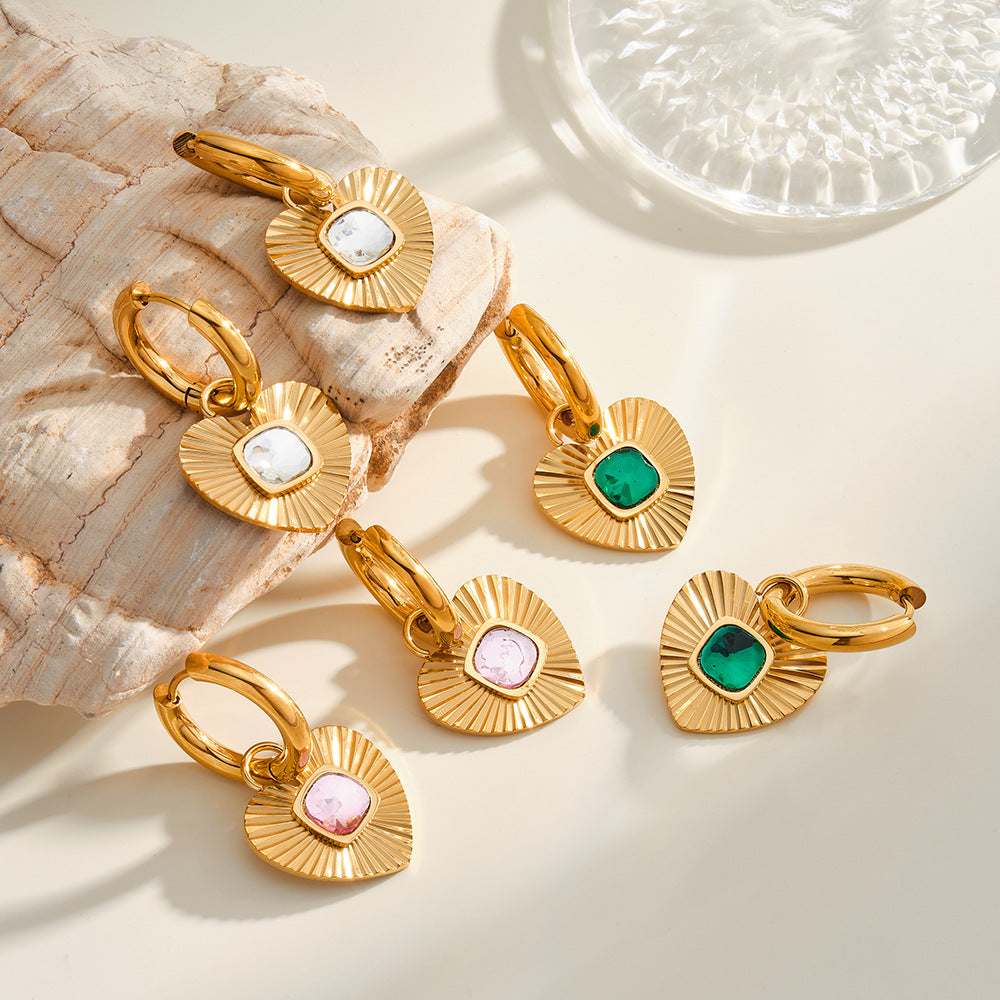 Gemstone Heart Shape Drop Earrings for Girls Stainless Steel Real Gold PVD Plated Fashion Jewelry