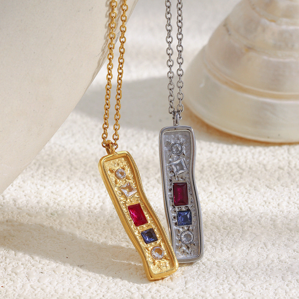 Customizable 18K Gold PVD Stainless Steel Link Chain Necklace Trendy Rectangular Pendant with Geometric Zircons for Parties