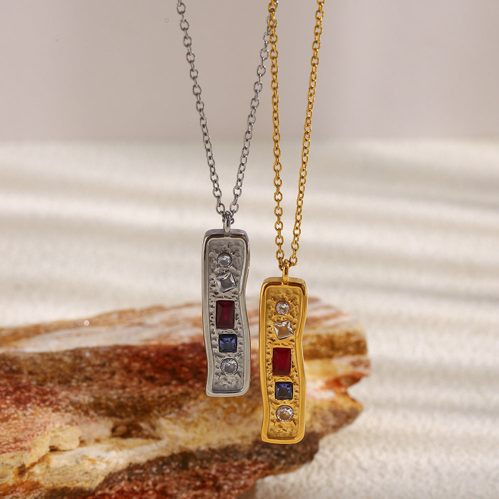 Customizable 18K Gold PVD Stainless Steel Link Chain Necklace Trendy Rectangular Pendant with Geometric Zircons for Parties