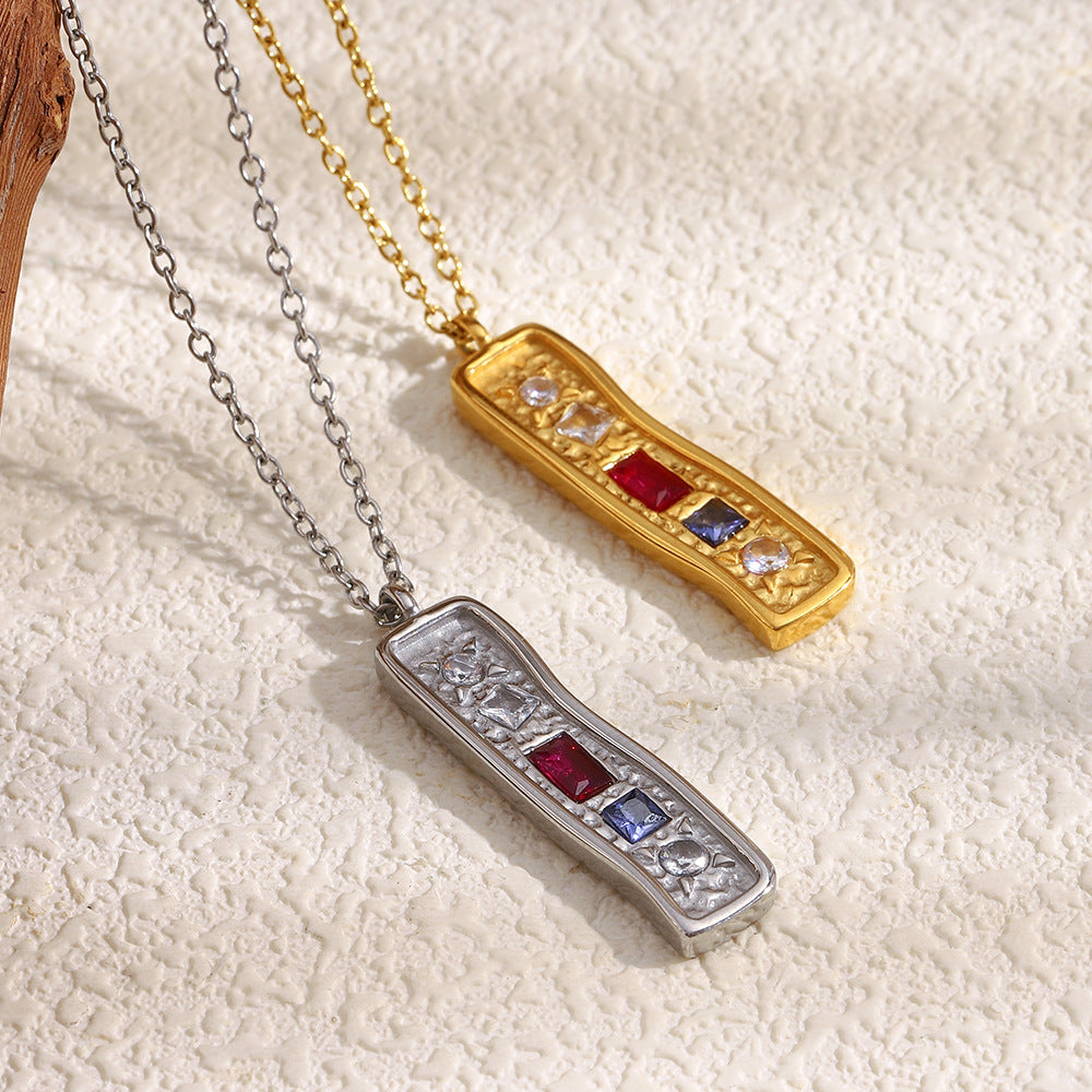 Customizable 18K Gold PVD Stainless Steel Link Chain Necklace Trendy Rectangular Pendant with Geometric Zircons for Parties