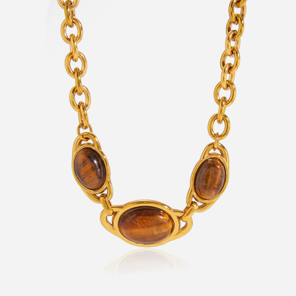 Women's Trendy Stainless Steel 18k Gold PVD Necklace with Natural tiger Eye Stone Pendant Link Chain Fashion Jewelry for Parties