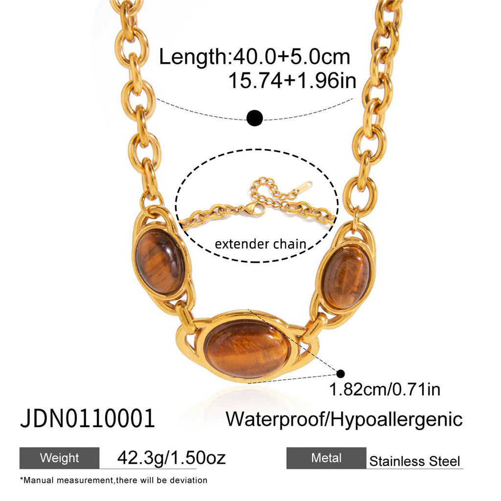 Women's Trendy Stainless Steel 18k Gold PVD Necklace with Natural tiger Eye Stone Pendant Link Chain Fashion Jewelry for Parties
