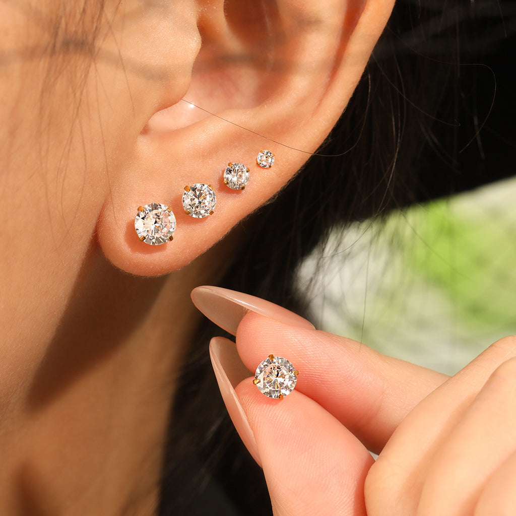 Stainless Steel 3mm-6mm Zircon 18K Gold Plated Trendy Bezel Setting Stud Earrings for Women Party Wholesale Customization