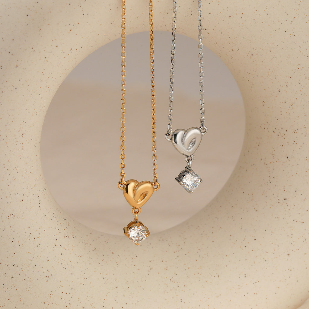 Shining Zircon Pendant Necklace Stainless Steel 18K Gold Plated Link Chain Claw Setting Heart Design Fashion Jewelry for Gift
