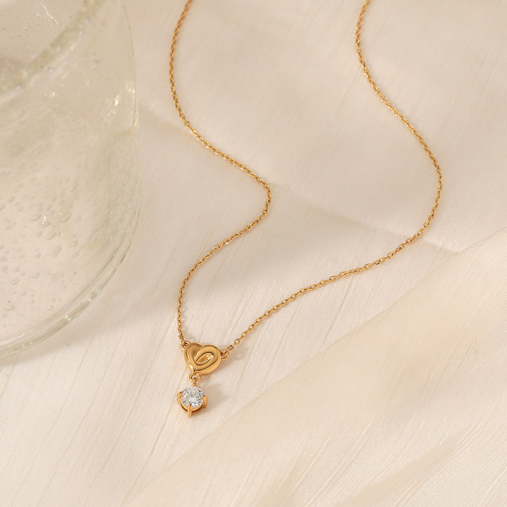Shining Zircon Pendant Necklace Stainless Steel 18K Gold Plated Link Chain Claw Setting Heart Design Fashion Jewelry for Gift