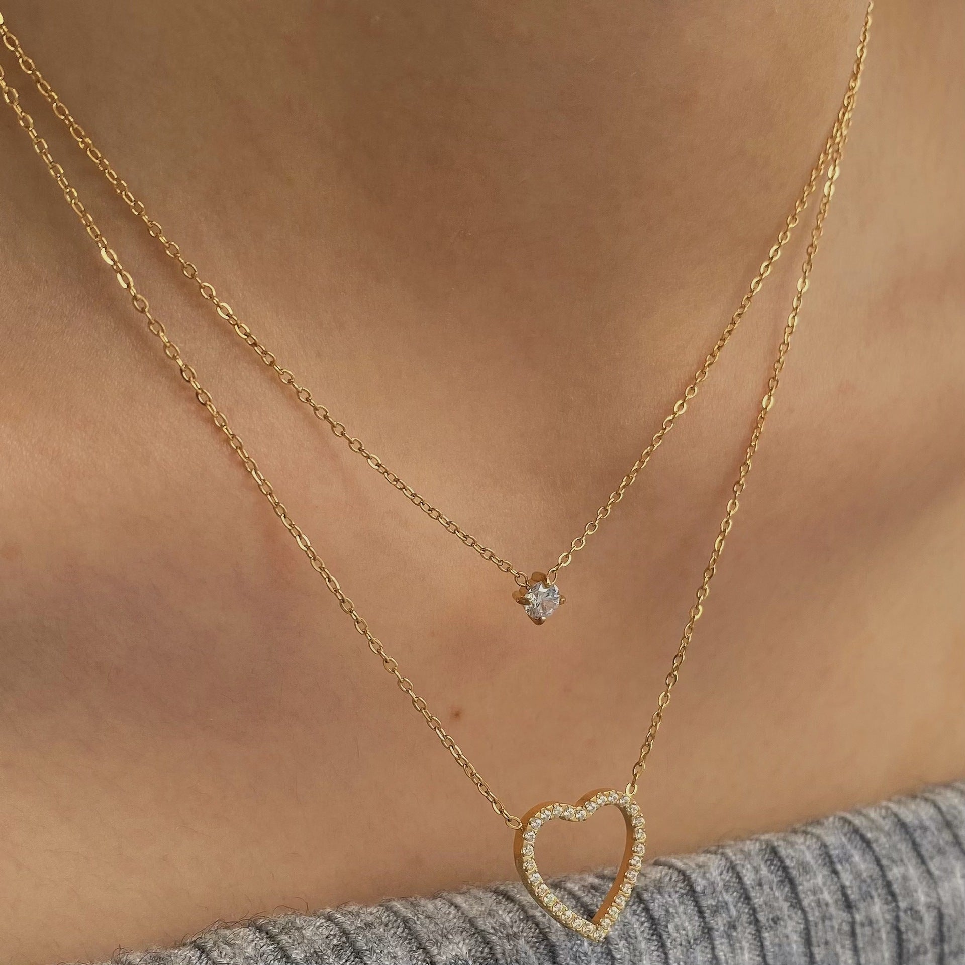 Shining Zircon Heart Pendant Necklace Stainless Steel 18K Gold Plated Link Chain Micro Setting Fashion Jewelry Necklace for Gift