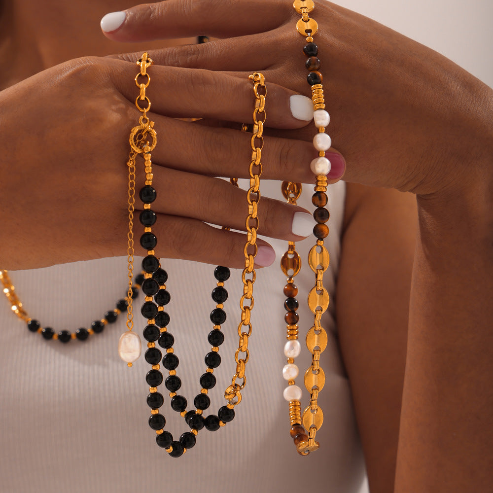 Customizable Vintage Necklace Natural Stones Pearls 18K Gold PVD Plated Stainless Steel Peace Design Unisex Beaded Party