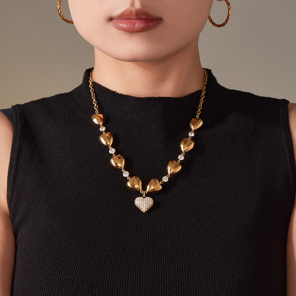 Customizable 18K PVD Gold Plated Stainless Steel Chain Trendy white zirconia Heart Pendant Necklaces for women statement gift