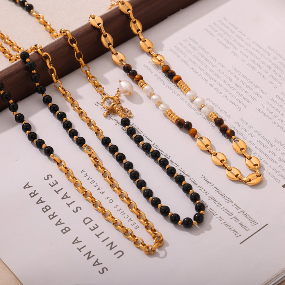 Customizable Vintage Necklace Natural Stones Pearls 18K Gold PVD Plated Stainless Steel Peace Design Unisex Beaded Party