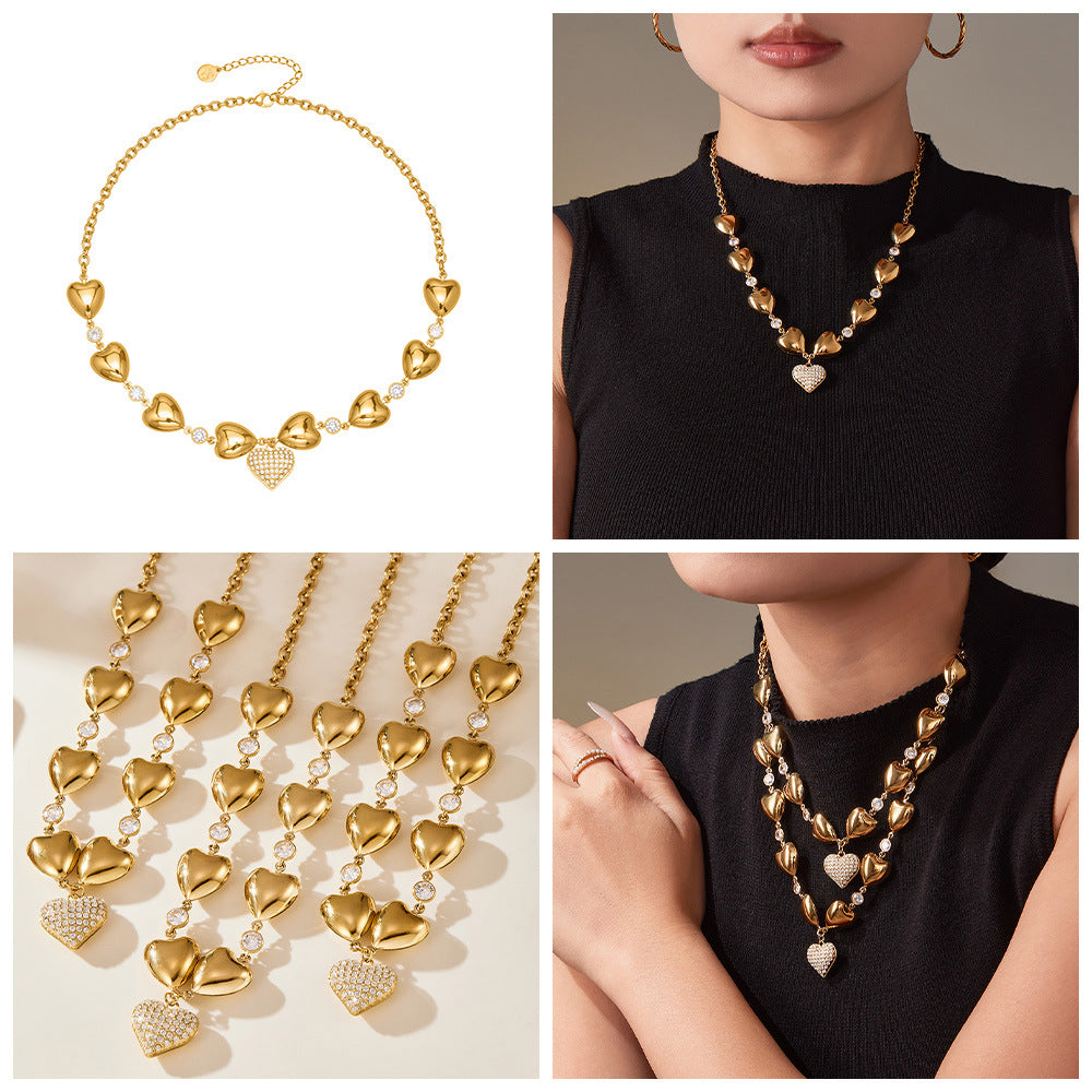 Customizable 18K PVD Gold Plated Stainless Steel Chain Trendy white zirconia Heart Pendant Necklaces for women statement gift