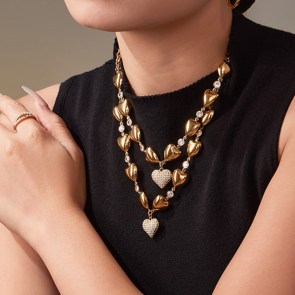 Customizable 18K PVD Gold Plated Stainless Steel Chain Trendy white zirconia Heart Pendant Necklaces for women statement gift