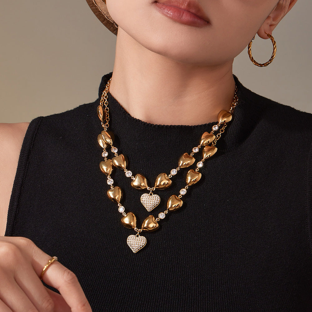 Customizable 18K PVD Gold Plated Stainless Steel Chain Trendy white zirconia Heart Pendant Necklaces for women statement gift