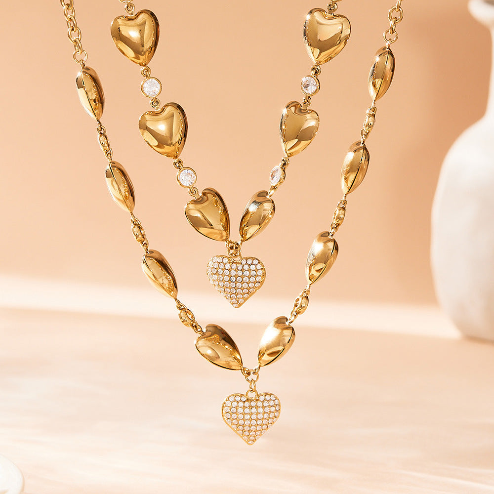 Customizable 18K PVD Gold Plated Stainless Steel Chain Trendy white zirconia Heart Pendant Necklaces for women statement gift