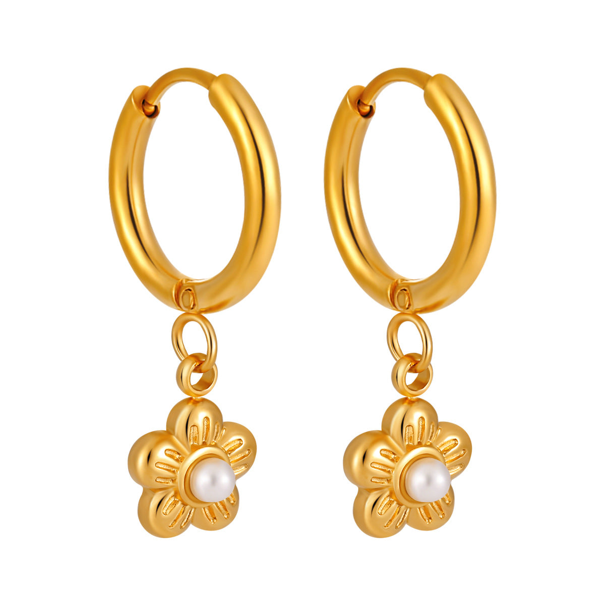 Customizable Stainless Steel 18K Gold Plated Pearl Flower Drop Earrings Trendy Fashion Jewelry for Women Party Waterproof