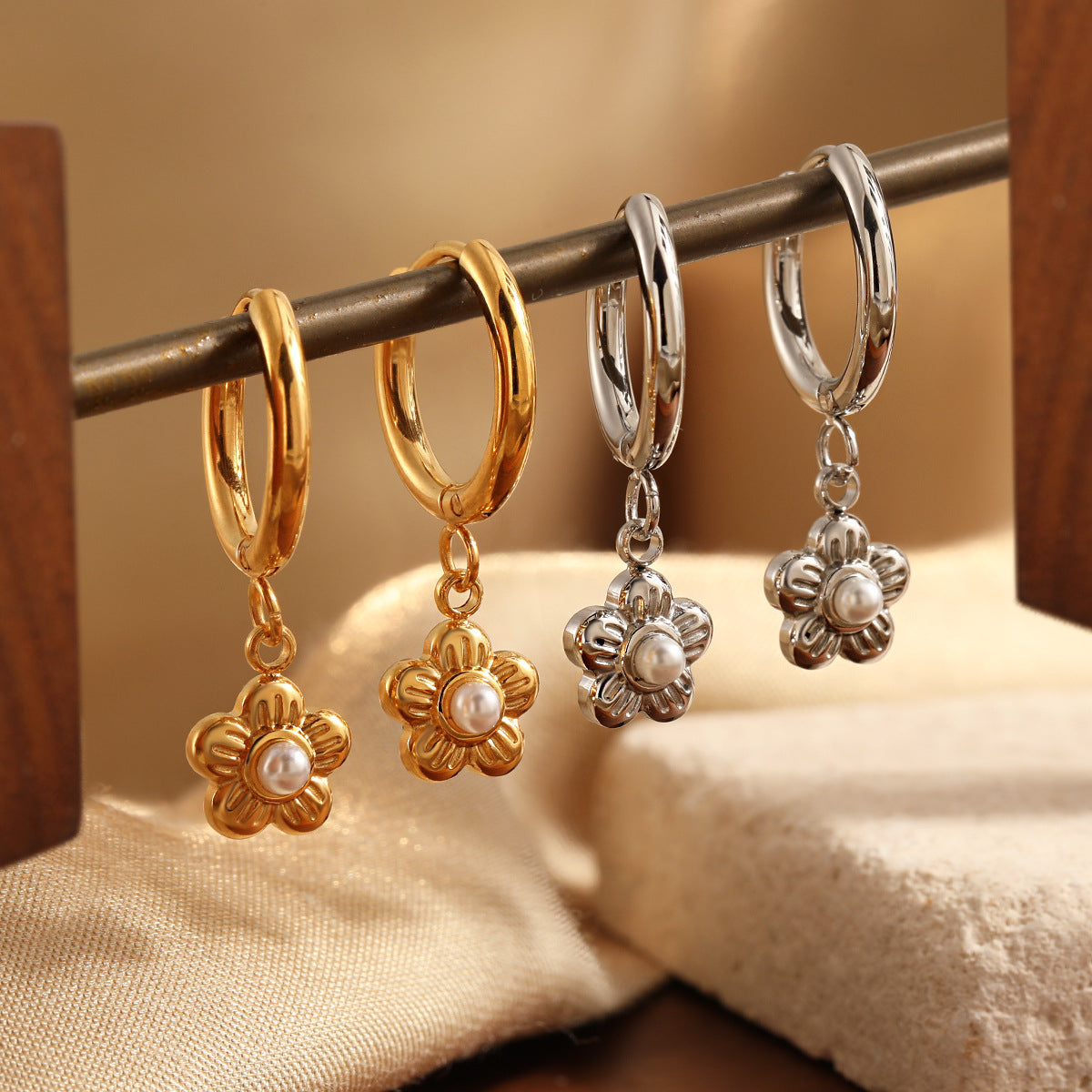 Customizable Stainless Steel 18K Gold Plated Pearl Flower Drop Earrings Trendy Fashion Jewelry for Women Party Waterproof