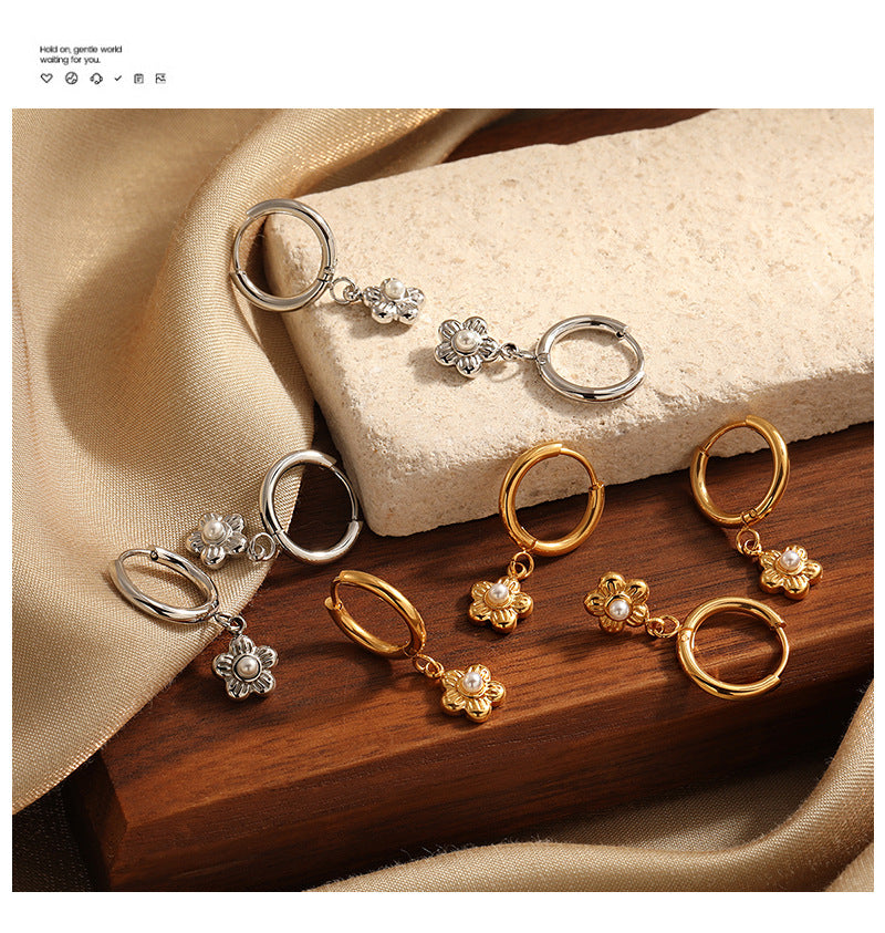 Customizable Stainless Steel 18K Gold Plated Pearl Flower Drop Earrings Trendy Fashion Jewelry for Women Party Waterproof