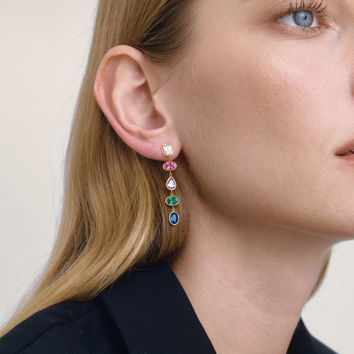 Customizable 18K Gold PVD Plated Long Drop Earrings Multi-Zircon Channel Set Trendy Stainless Steel Jewelry for Girls Parties