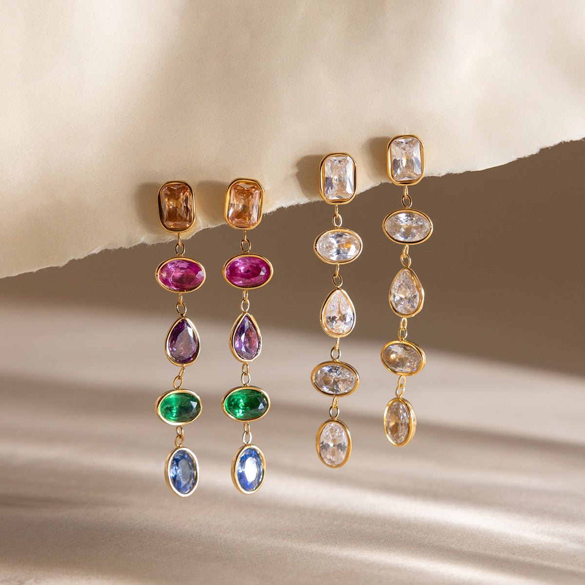 Customizable 18K Gold PVD Plated Long Drop Earrings Multi-Zircon Channel Set Trendy Stainless Steel Jewelry for Girls Parties