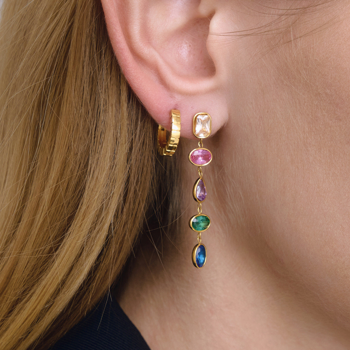 Customizable 18K Gold PVD Plated Long Drop Earrings Multi-Zircon Channel Set Trendy Stainless Steel Jewelry for Girls Parties