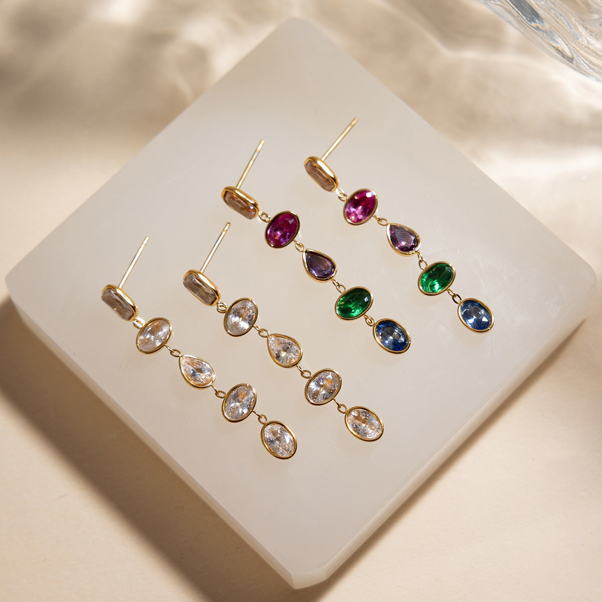 Customizable 18K Gold PVD Plated Long Drop Earrings Multi-Zircon Channel Set Trendy Stainless Steel Jewelry for Girls Parties