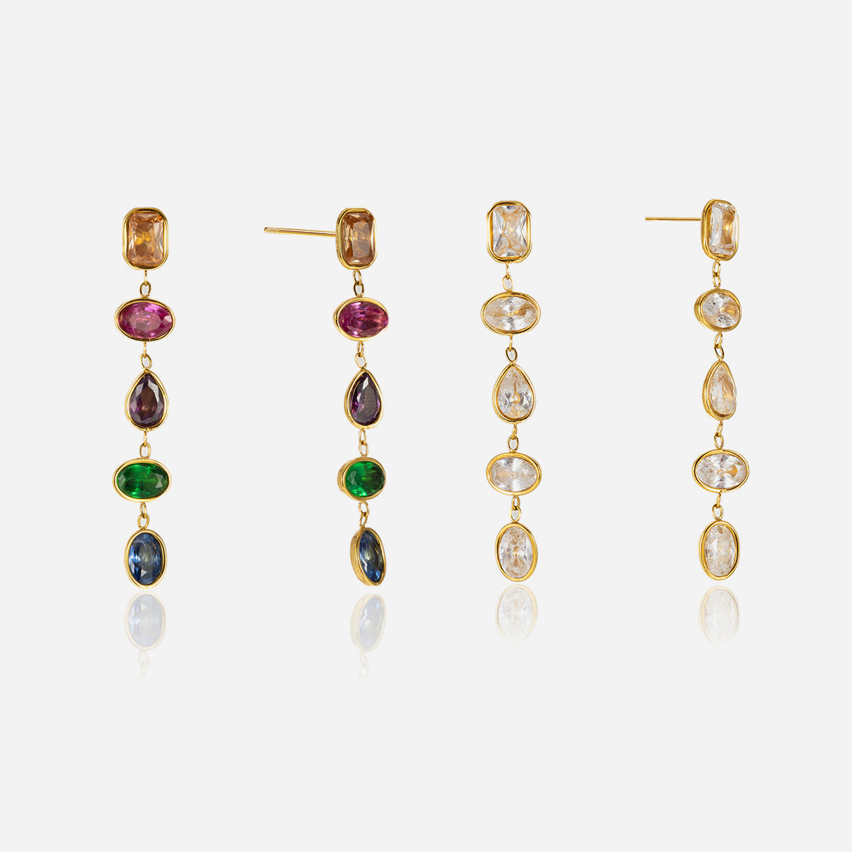 Customizable 18K Gold PVD Plated Long Drop Earrings Multi-Zircon Channel Set Trendy Stainless Steel Jewelry for Girls Parties