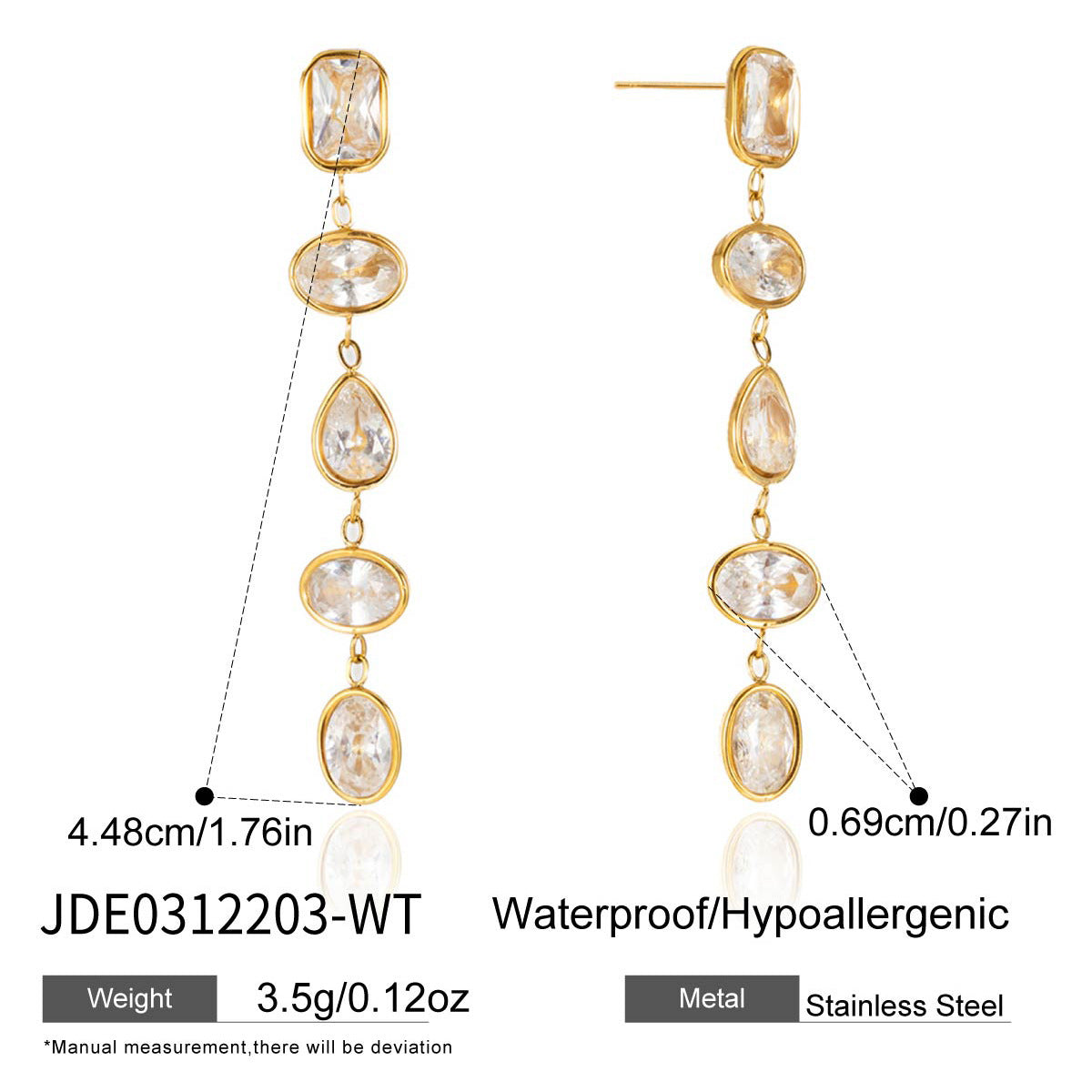 Customizable 18K Gold PVD Plated Long Drop Earrings Multi-Zircon Channel Set Trendy Stainless Steel Jewelry for Girls Parties