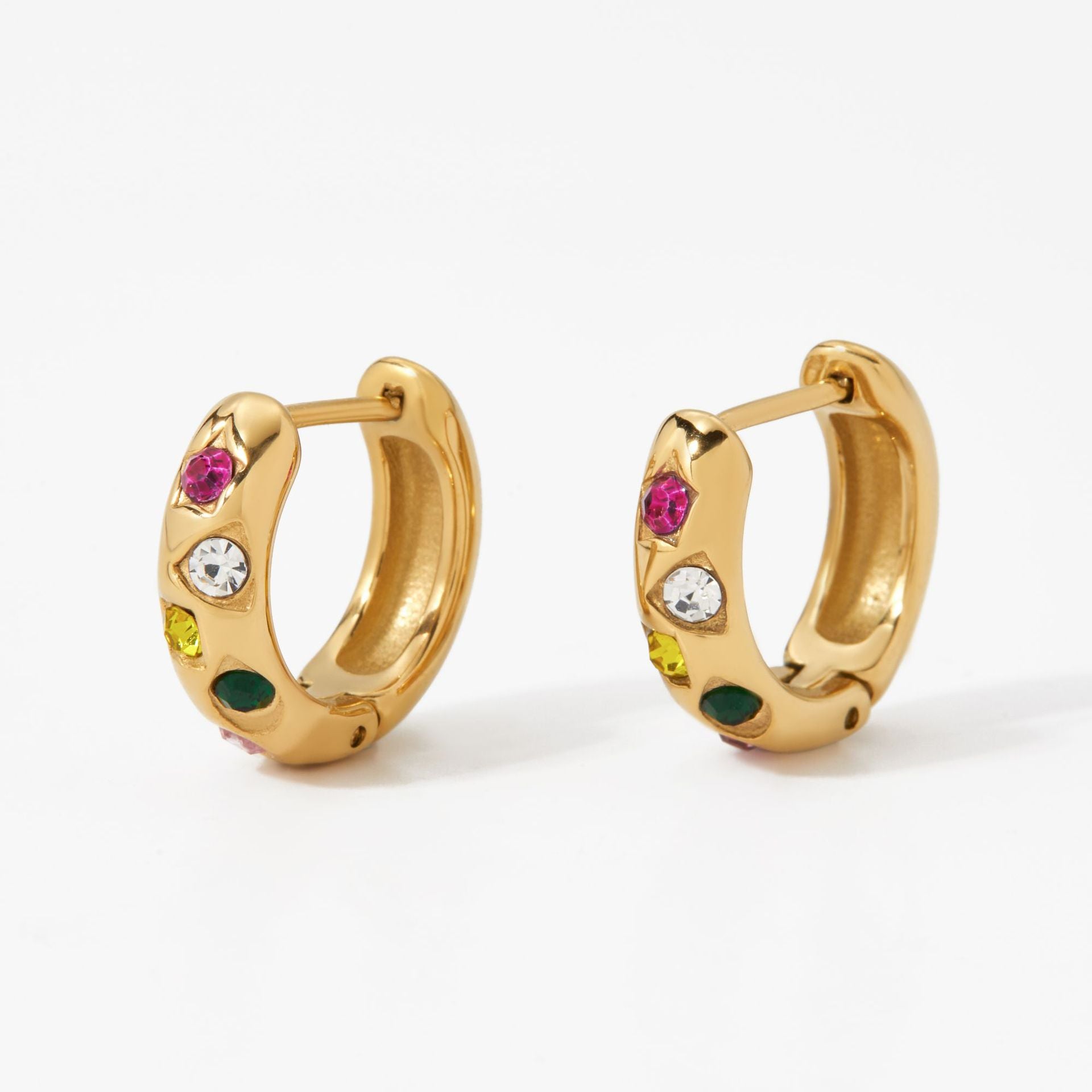 18K Gold Plated Stainless Steel Trendy Multicolor Cubic Zirconia Hoop Earrings with Rainbow CZ for Women