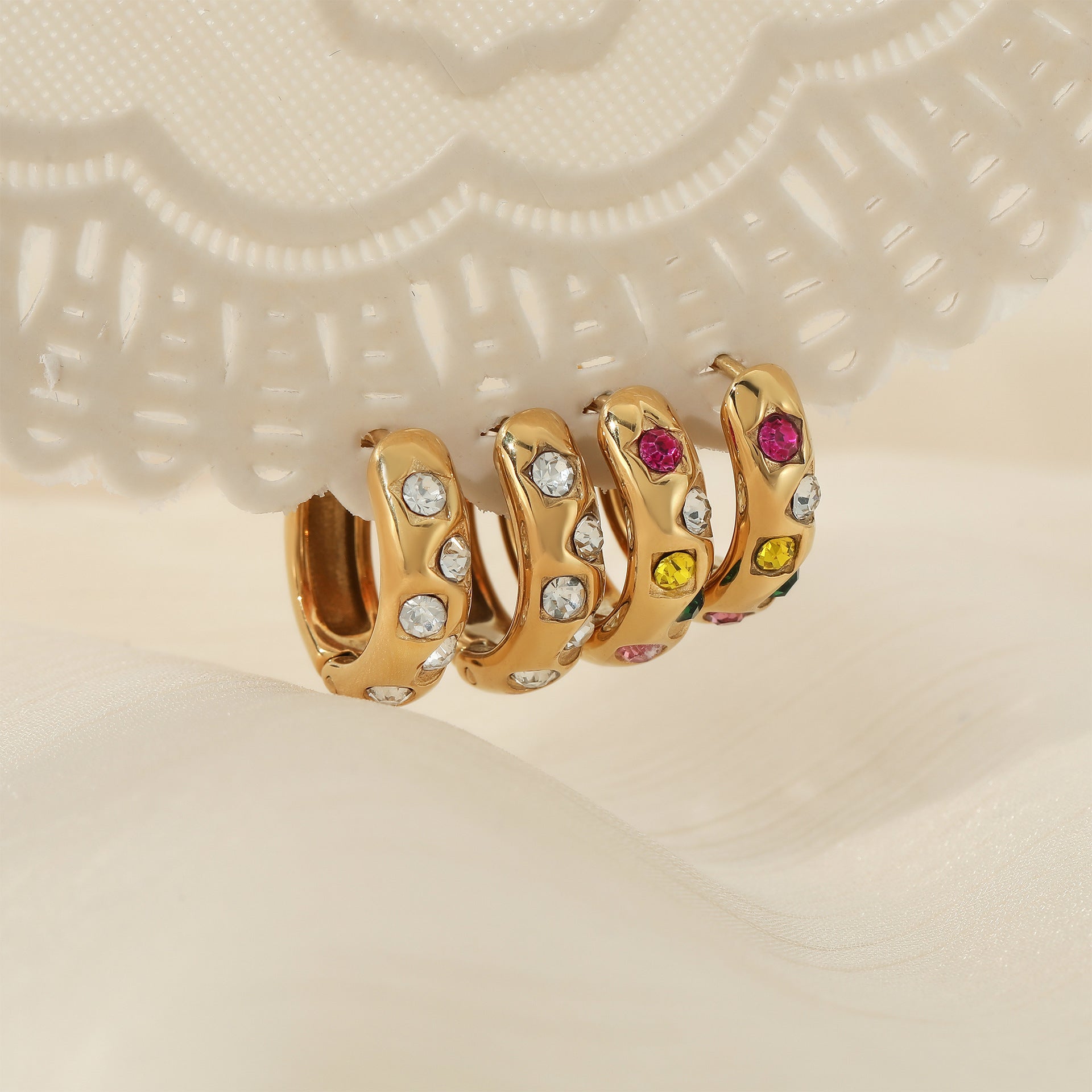 18K Gold Plated Stainless Steel Trendy Multicolor Cubic Zirconia Hoop Earrings with Rainbow CZ for Women