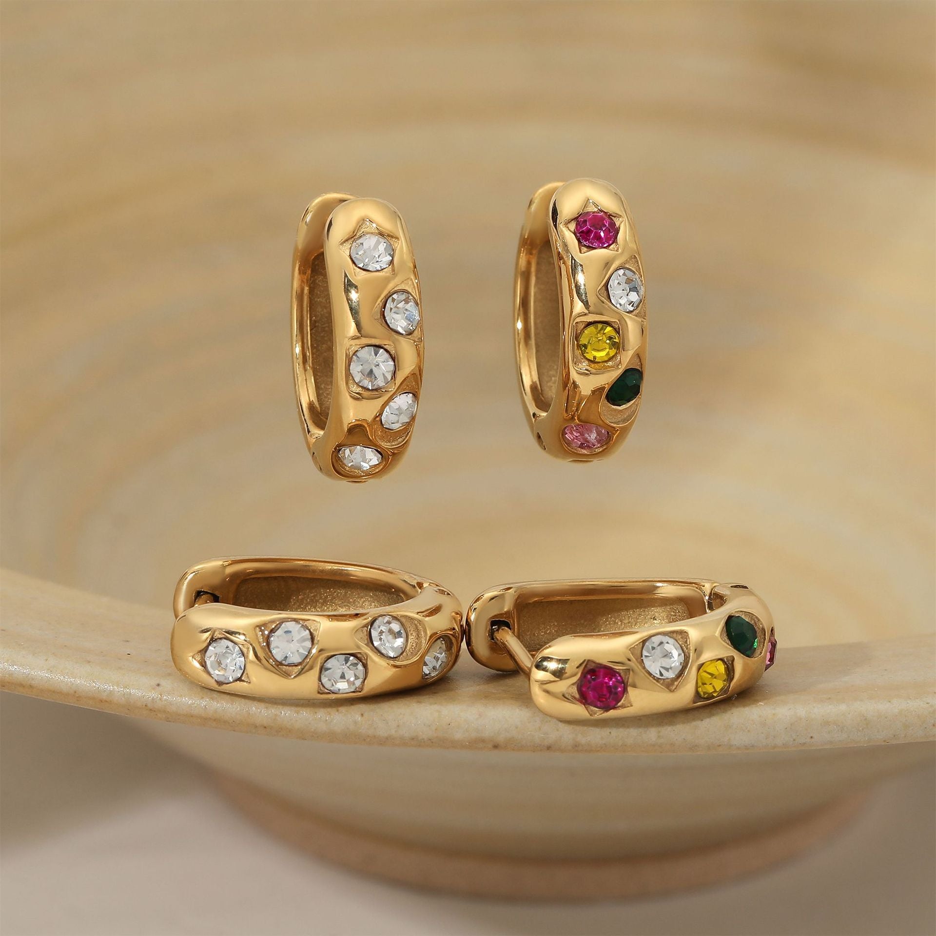 18K Gold Plated Stainless Steel Trendy Multicolor Cubic Zirconia Hoop Earrings with Rainbow CZ for Women