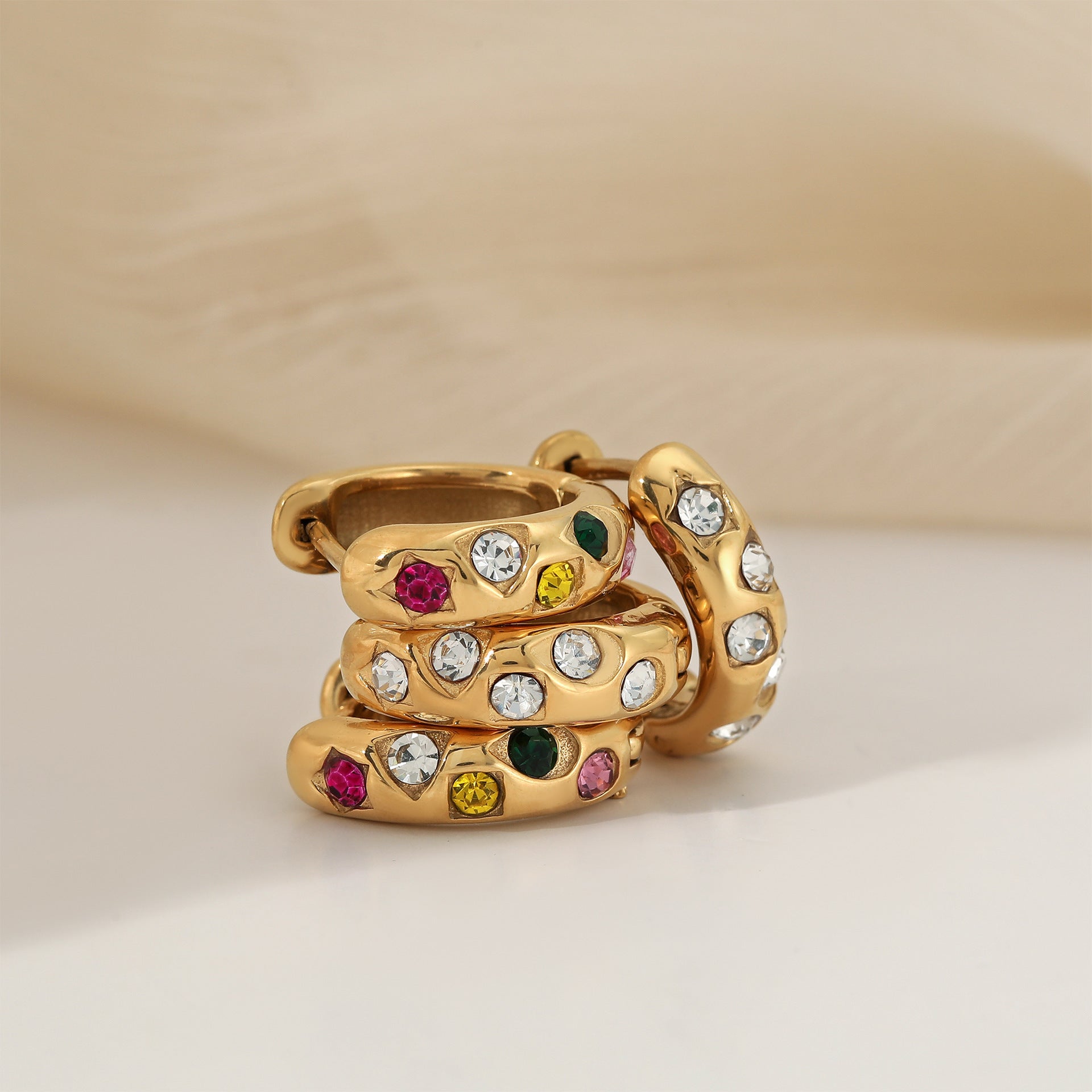 18K Gold Plated Stainless Steel Trendy Multicolor Cubic Zirconia Hoop Earrings with Rainbow CZ for Women