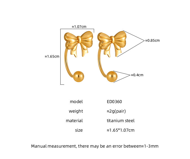 Stainless Steel 18K Gold Plated Bow Cuff Earrings Waterproof Hypoallergenic Tarnish-Free Cute Design Party Wedding Trendy