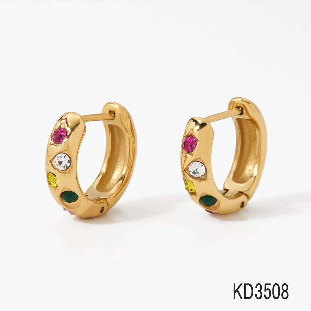 18K Gold Plated Stainless Steel Trendy Multicolor Cubic Zirconia Hoop Earrings with Rainbow CZ for Women