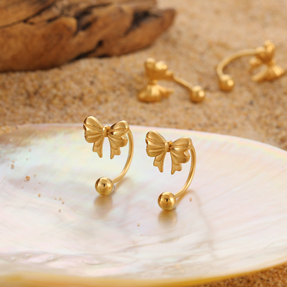 Stainless Steel 18K Gold Plated Bow Cuff Earrings Waterproof Hypoallergenic Tarnish-Free Cute Design Party Wedding Trendy