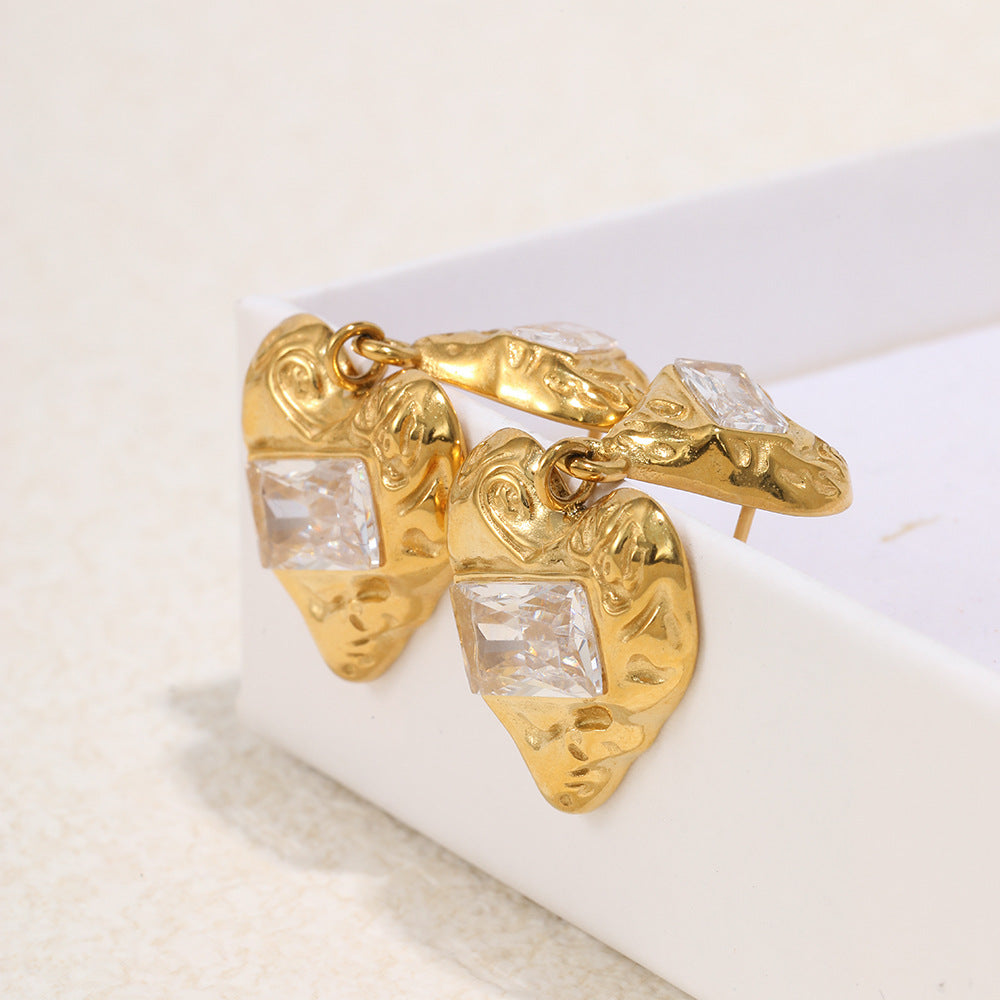 Best Gift Cute Jewelry Women 18K Gold Plated Stainless Steel Two Heart Drop Earrings White Large Rectangular Zircons Party