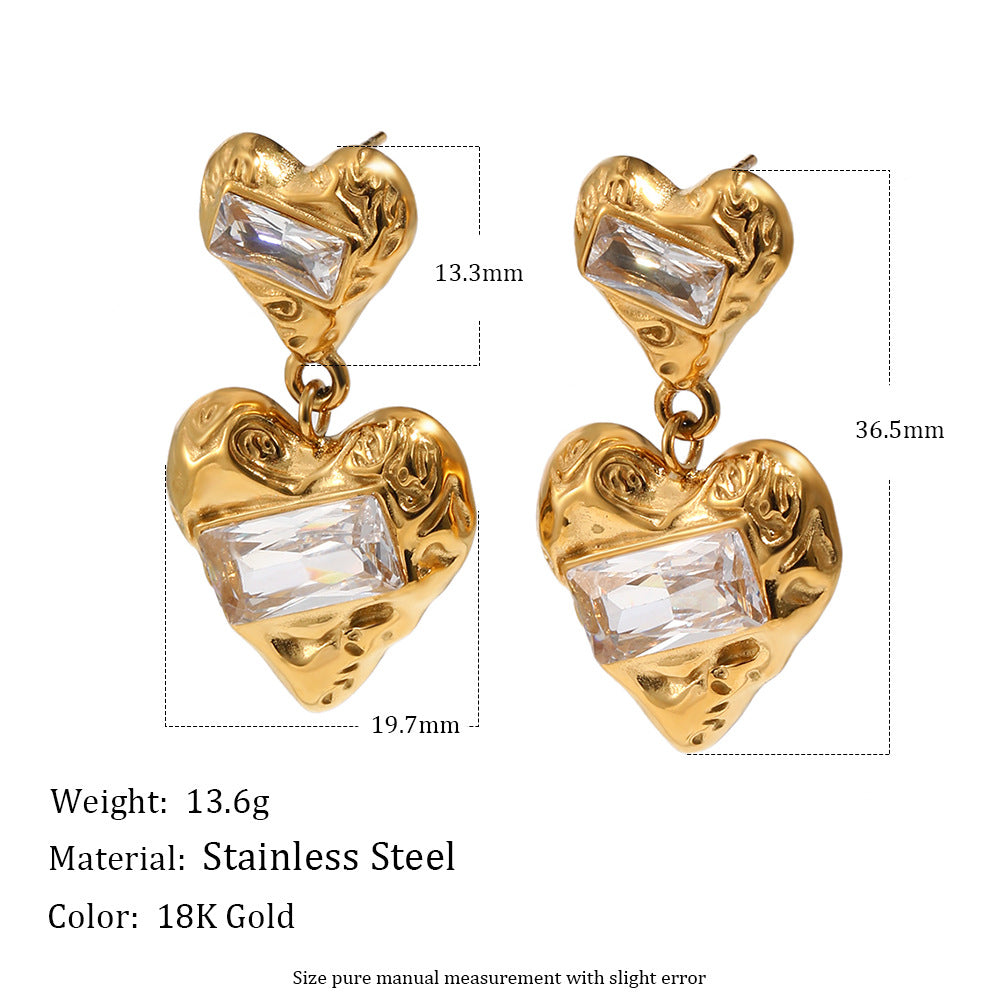 Best Gift Cute Jewelry Women 18K Gold Plated Stainless Steel Two Heart Drop Earrings White Large Rectangular Zircons Party