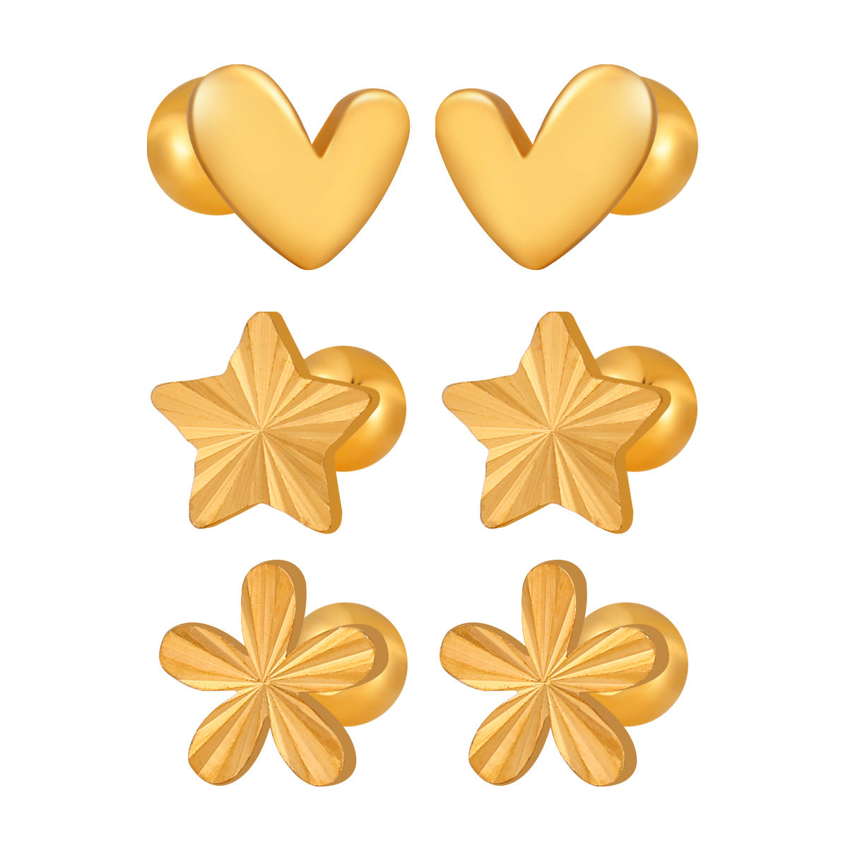 18K Gold Plated Stainless Steel Trendy Flower Heart Star Stud Earrings for Women's Party Occasion