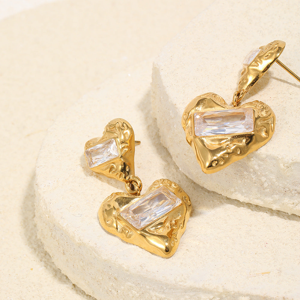 Best Gift Cute Jewelry Women 18K Gold Plated Stainless Steel Two Heart Drop Earrings White Large Rectangular Zircons Party