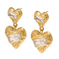 Best Gift Cute Jewelry Women 18K Gold Plated Stainless Steel Two Heart Drop Earrings White Large Rectangular Zircons Party