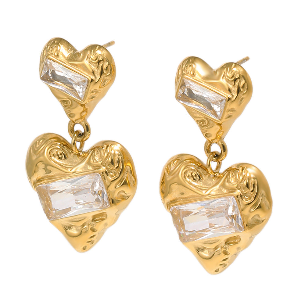 Best Gift Cute Jewelry Women 18K Gold Plated Stainless Steel Two Heart Drop Earrings White Large Rectangular Zircons Party