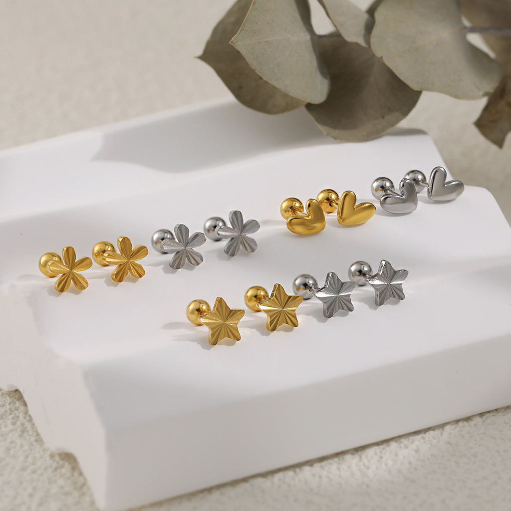 18K Gold Plated Stainless Steel Trendy Flower Heart Star Stud Earrings for Women's Party Occasion