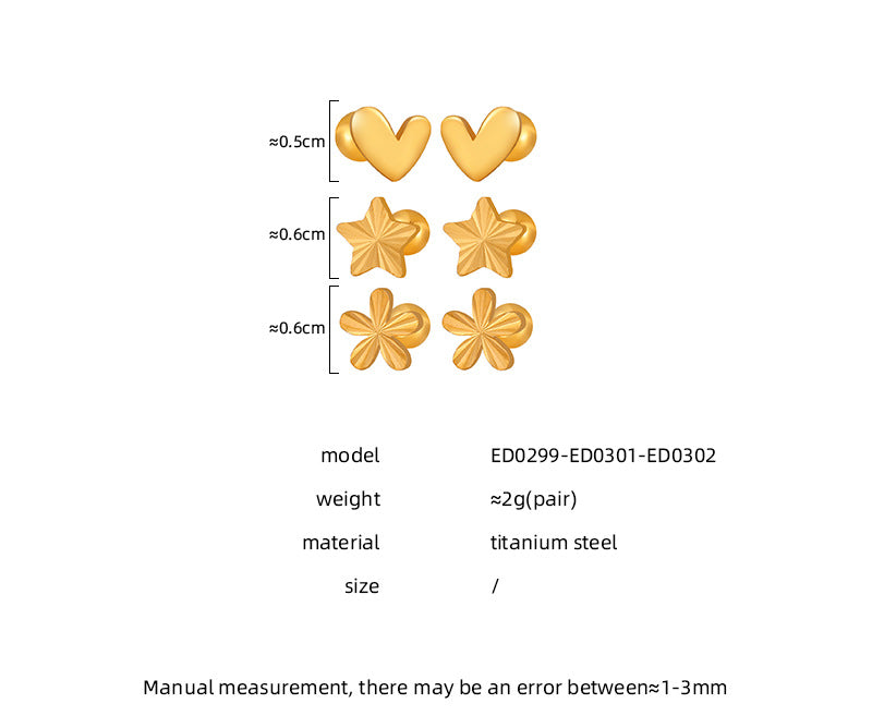 18K Gold Plated Stainless Steel Trendy Flower Heart Star Stud Earrings for Women's Party Occasion