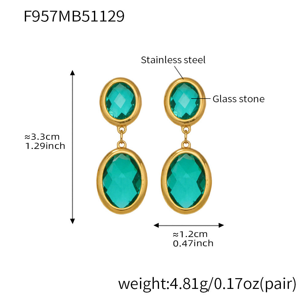 Trendy Vintage Teardrop Long Glass Drop Earrings for Women 18K Gold Plated Waterproof Stainless Steel Party