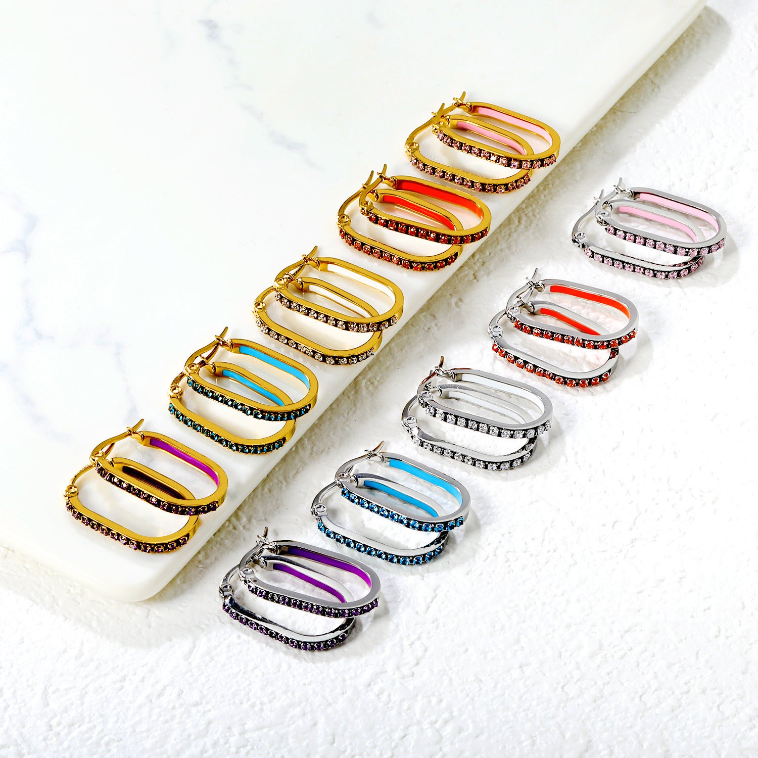 Vintage Trendy Stainless Steel 18k Gold Plated Long Hoop Earrings Waterproof Colorful Zircons Bohemia Enamel Unisex