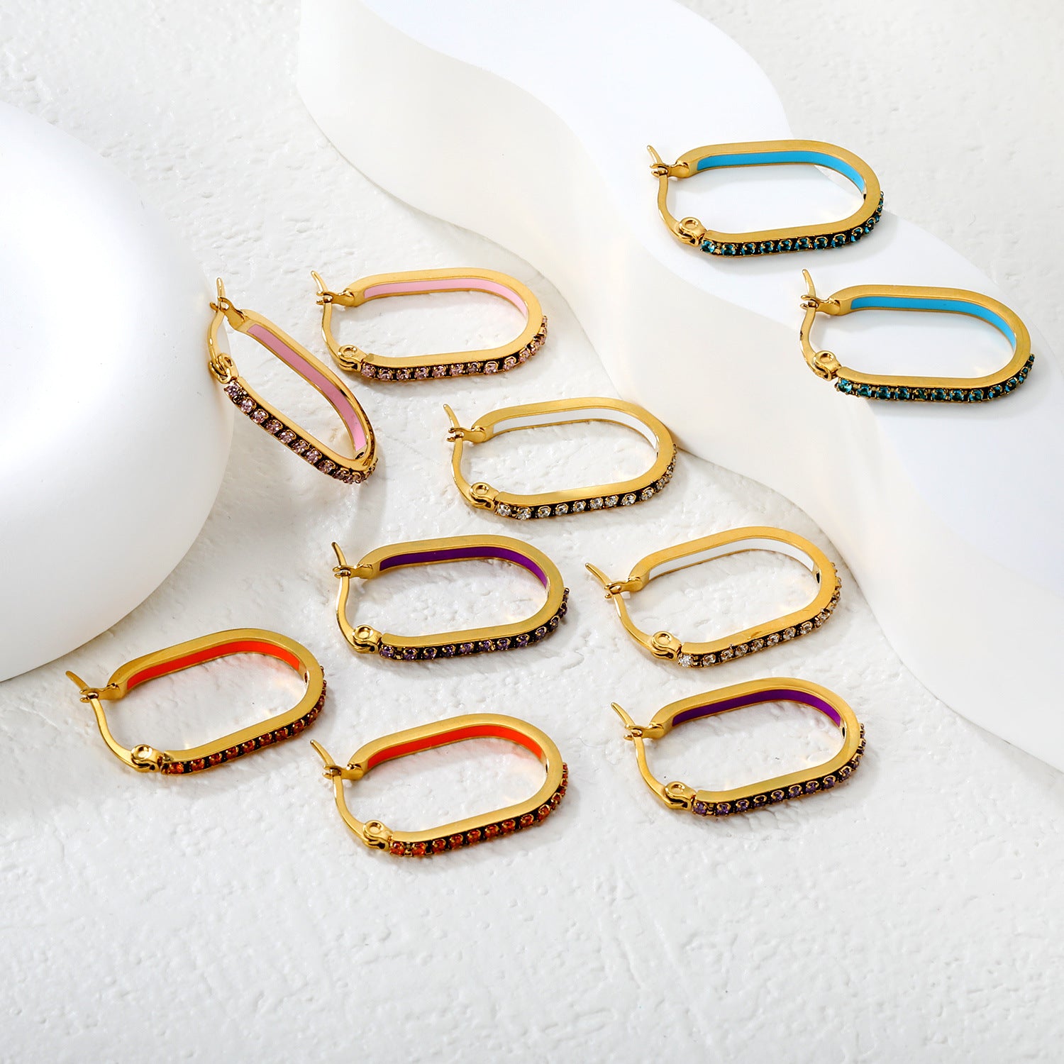 Vintage Trendy Stainless Steel 18k Gold Plated Long Hoop Earrings Waterproof Colorful Zircons Bohemia Enamel Unisex