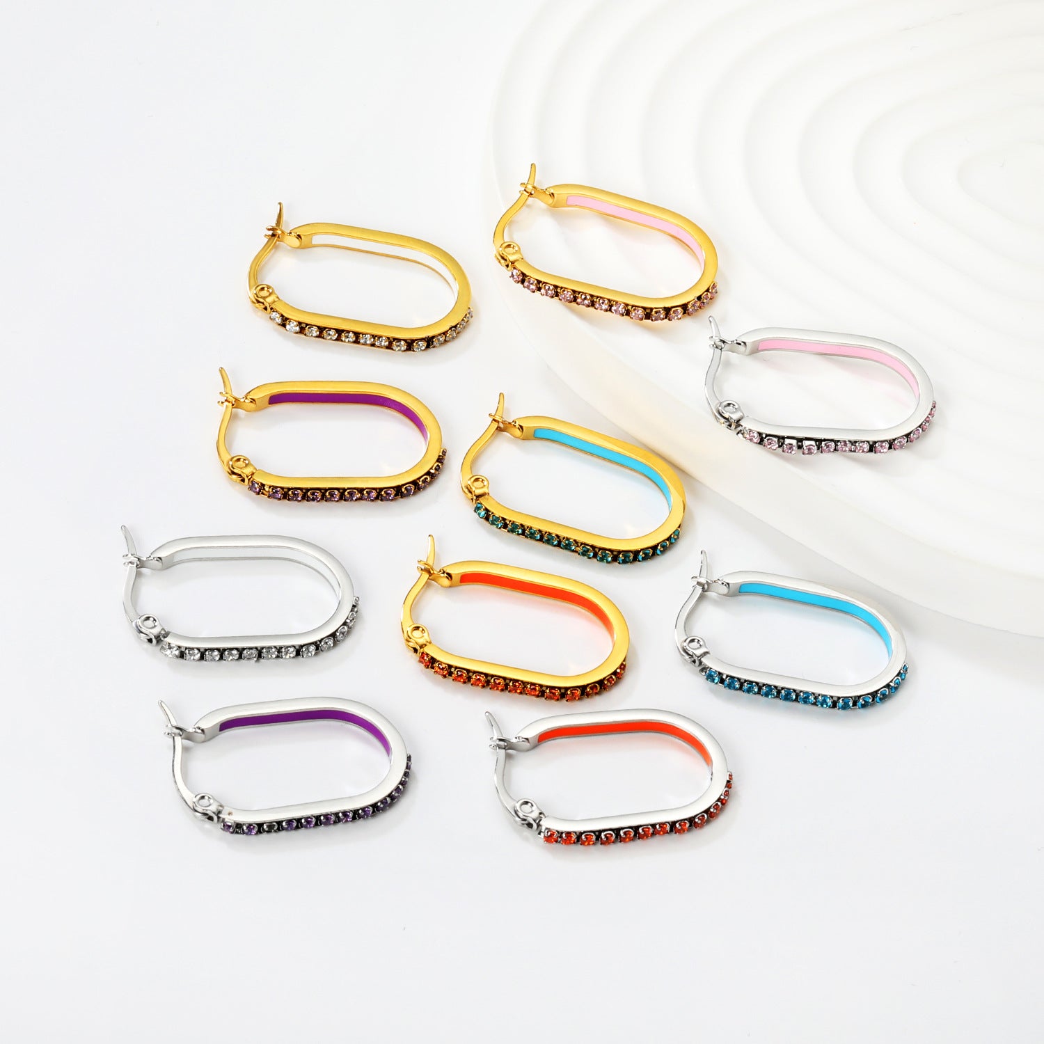 Vintage Trendy Stainless Steel 18k Gold Plated Long Hoop Earrings Waterproof Colorful Zircons Bohemia Enamel Unisex
