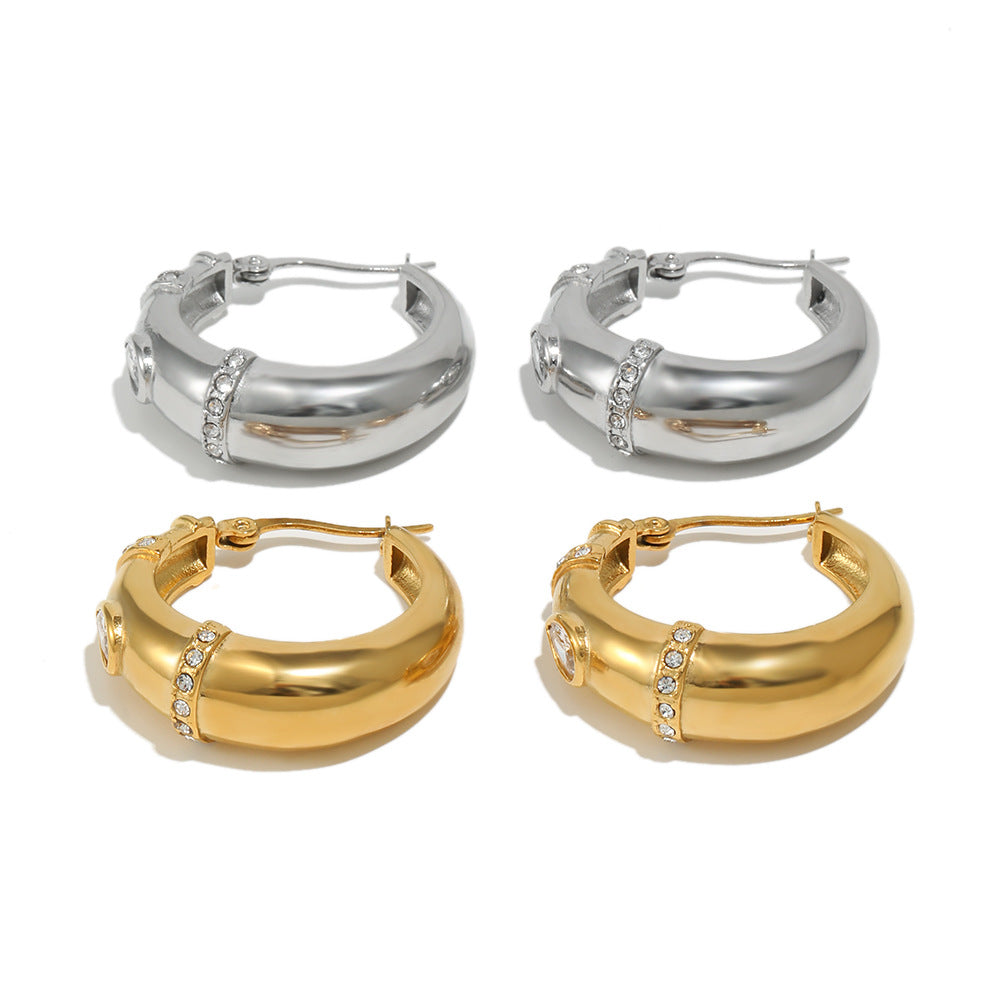 Trendy Stainless Steel Real Gold Plated Certified Bridal Hoop Huggie Earrings for Unisex Wholesale White Zircons for Party Gift
