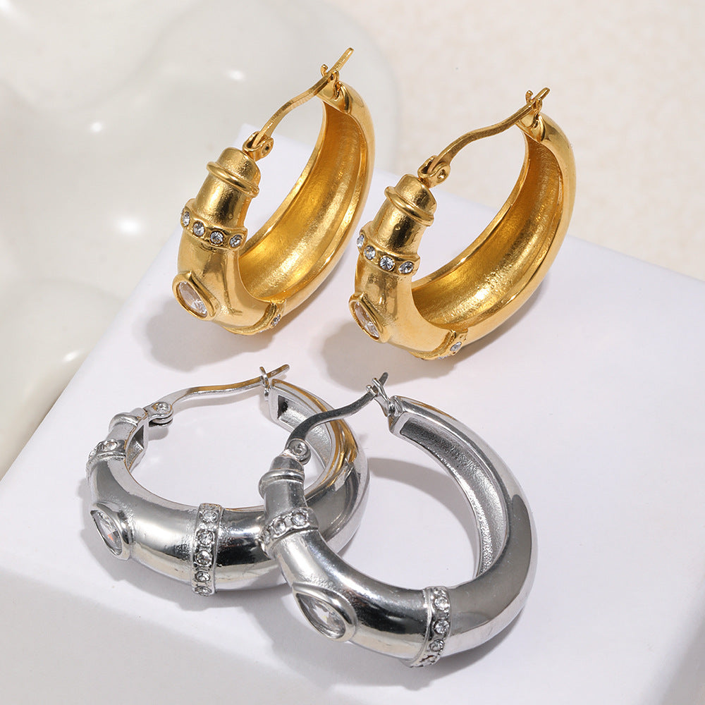 Trendy Stainless Steel Real Gold Plated Certified Bridal Hoop Huggie Earrings for Unisex Wholesale White Zircons for Party Gift