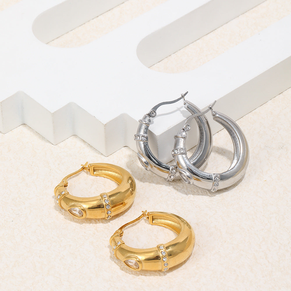 Trendy Stainless Steel Real Gold Plated Certified Bridal Hoop Huggie Earrings for Unisex Wholesale White Zircons for Party Gift
