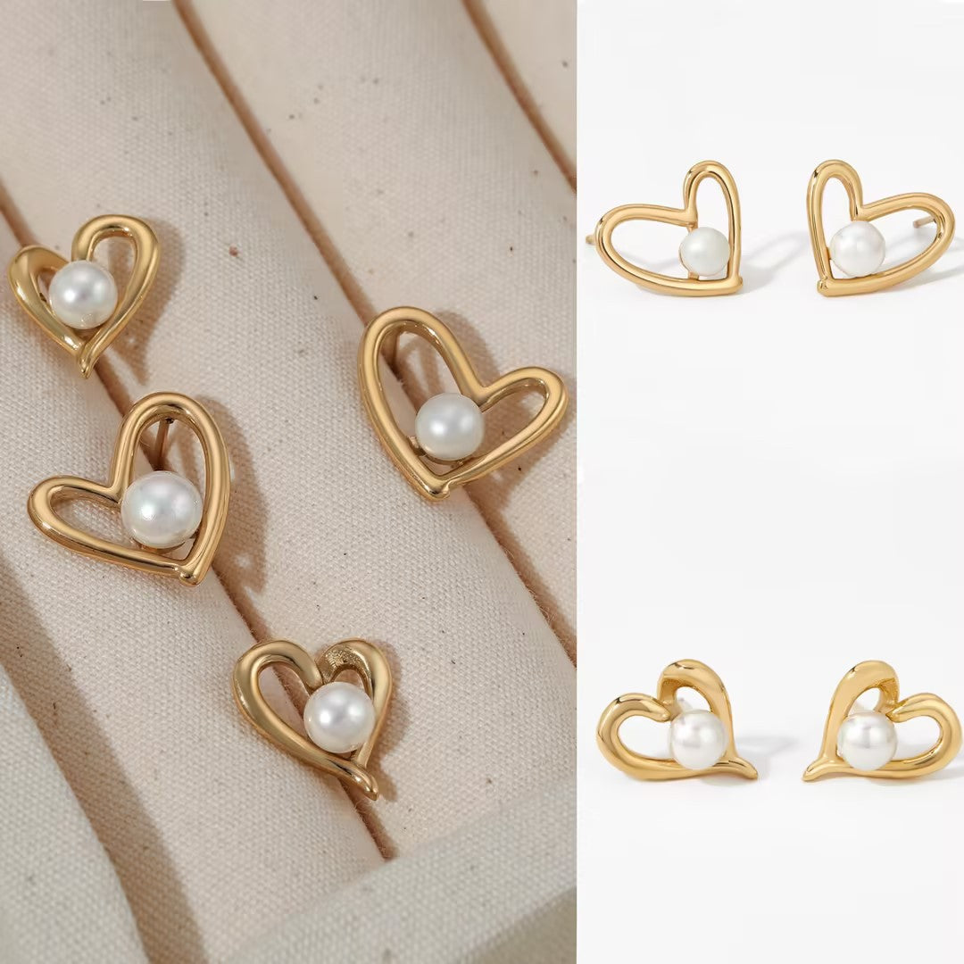 Stainless Steel Imitation Pearl Heart Stud Earrings 18K Gold Plated Bezel Setting Trendy Women's Jewelry for Party
