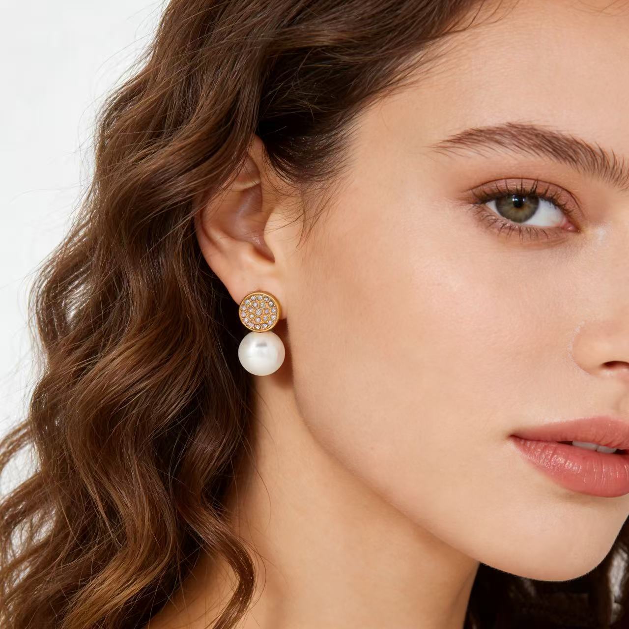 Stainless Steel Imitation Pearl White Zircons Stud Earrings 18K Gold Plated Trendy Women's Jewelry for Wedding Gift